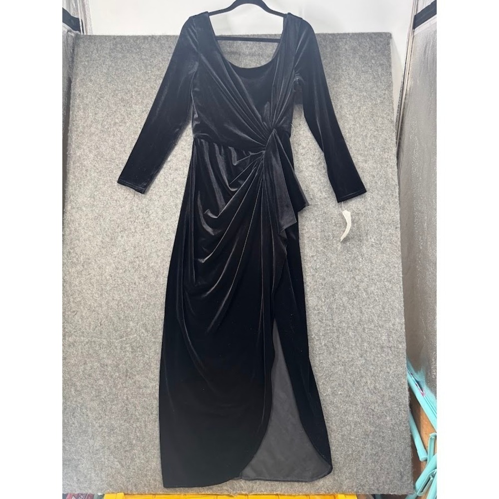 Jeffrey & Dara Black Velvet Draped Maxi Dress Long Sleeve Formal Gown Womens 14